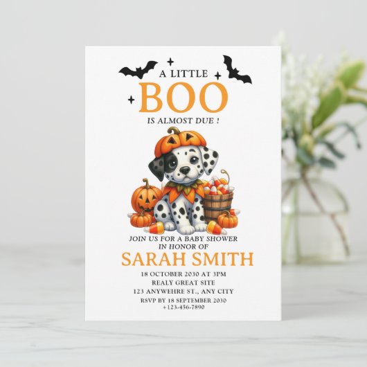 Halloween Little Dog Boo is Almost Due Baby Shower Kaart (Staand voorkant)