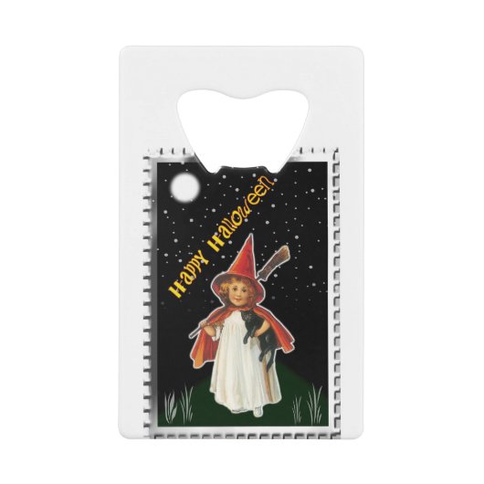 Halloween - Little Girl met Broom en Black Cat Kredietkaart Flessenopener (Voorkant)