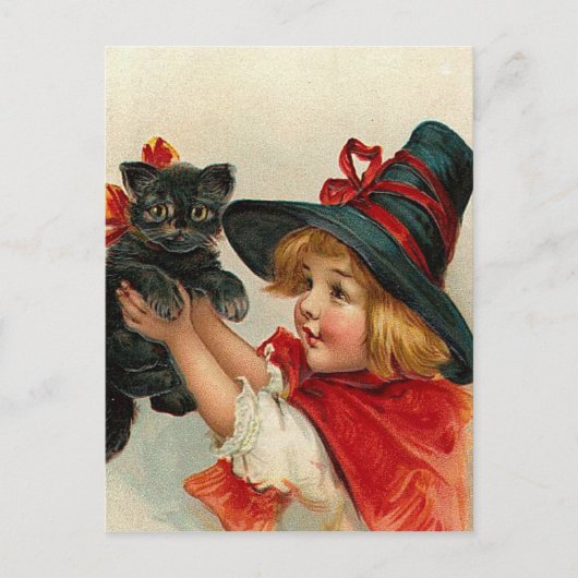 Halloween Little Witch Holding Black Cat Briefkaart (Voorkant)