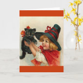  Halloween Little Witch Holding Black Cat Kaart (Gele Bloem)