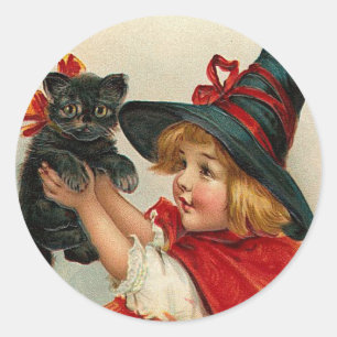 Halloween Little Witch Holding Black Cat Ronde Sticker