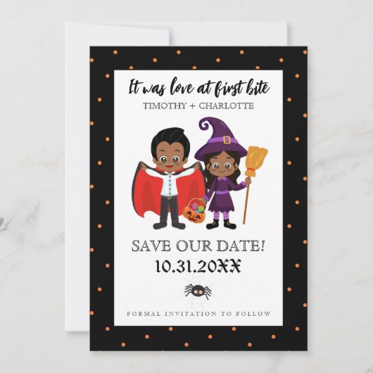 Halloween Love at First Bite Wedding Save The Date (Voorkant)