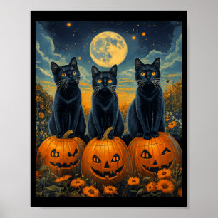 Halloween Maanverlichte Pompoenveld Zwarte Katten Poster