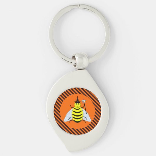 Halloween Magic Bee Witch Oranje en Black Stripes Sleutelhanger (Voorkant)