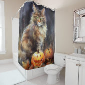 Halloween Maine Coon Cat with Pumpkins Scary Douchegordijn (In situ)