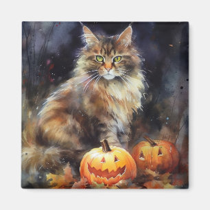 Halloween Maine Coon Cat with Pumpkins Scary Magneet