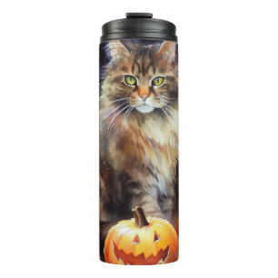 Halloween Maine Coon Cat with Pumpkins Scary Thermosbeker