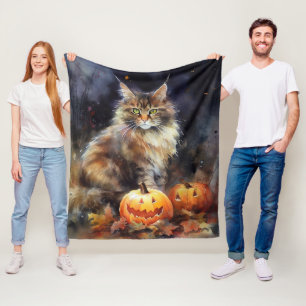Halloween Maine Coon Kat Met Pompoenen Griezelen Fleece Deken