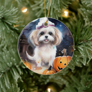 Halloween Malti Tzu Met Pompoenen Eng Keramisch Ornament