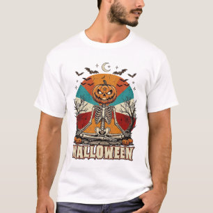 Halloween Mediterende Pompoen Skelet Retro Zon Ba T-shirt