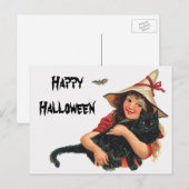 halloween, meisje met zwarte kat briefkaart (Voorkant / Achterkant)