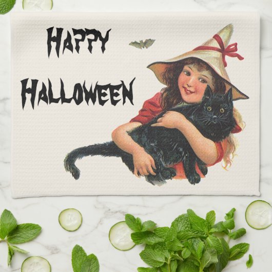 halloween, meisje met zwarte kat theedoek (Gevouwen)