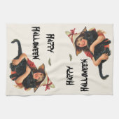 halloween, meisje met zwarte kat theedoek (Horizontaal)