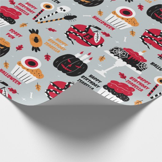 Halloween Meisje Verjaardagstaart Naam Enge Plezie Cadeaupapier (Hoek)