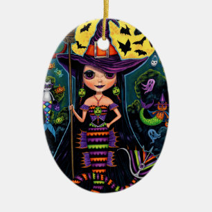 Halloween Mermaid Witch Mercats Ghosts Pumpkins Keramisch Ornament