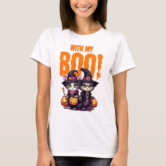 Halloween Met Mijn Boo Kat Paar Met Pompoen T-shirt (Voorkant)