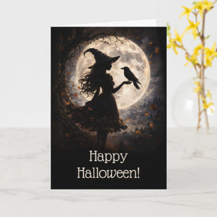 Halloween met mooie heks en silhouet van raaf kaart