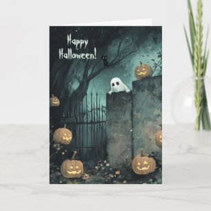 Halloween met spook en zwarte kat bedankkaart