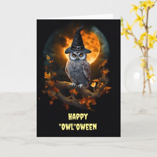 Halloween met Uil en Moon Schattige en Grappig Kaart (Gele Bloem)