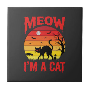 Halloween Miauw Ik ben een kat Retro Zonsondergang Tegeltje