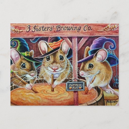 Halloween Mice Brewing Pumpkin Ale Waterverf Art Briefkaart (Voorkant)