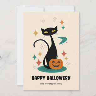 Halloween Mid Century Black Cat Feestdagenkaart