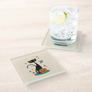 Halloween Mid Century Black Cat Glazen Onderzetter