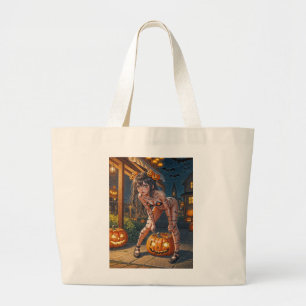 Halloween Monster Jack-o-Lantern & Bat Vixen Girl Grote Tote Bag