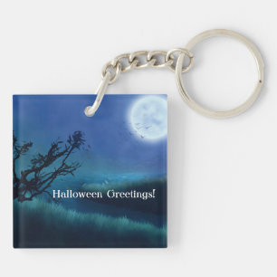 Halloween Moon 's nachts in Shades of Blue & Green Sleutelhanger
