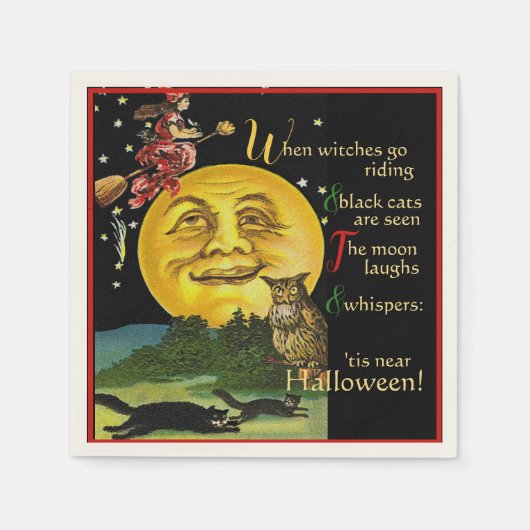  Halloween Moon Watching Witch met Gedicht Servet (Voorkant)