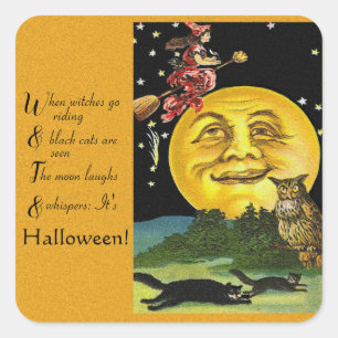  Halloween Moon, Witch en Owl met gedicht Vierkante Sticker