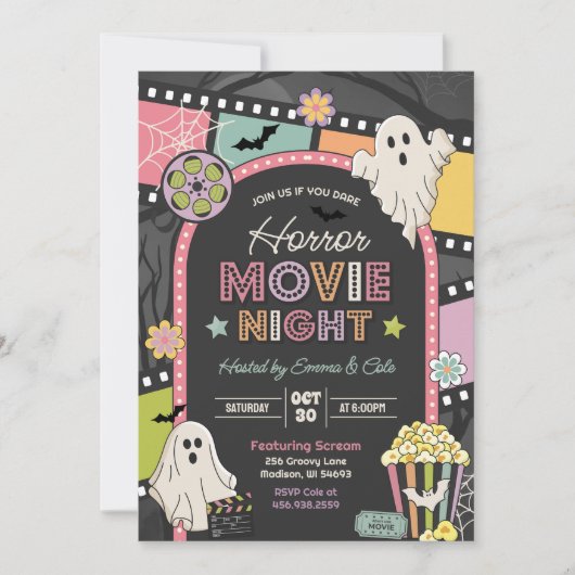 Halloween Movie Night Party Groovy Uitnodiging (Voorkant)