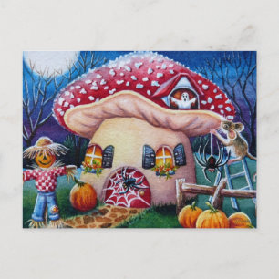 Halloween Mushroom House Spiders Waterverf Briefkaart
