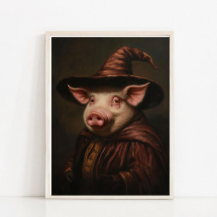 Halloween muurkunst, Schattige tovenaar varken vin Poster