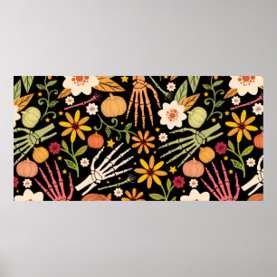 Halloween naadloos patroon met botten en flora poster