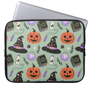 Halloween naadloos patroon met heks pet, pompoen laptop sleeve