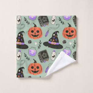 Halloween naadloos patroon met heks pet, pompoen washandje
