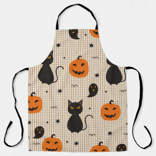 Halloween naadloos patroon met zwarte kat en ghos schort