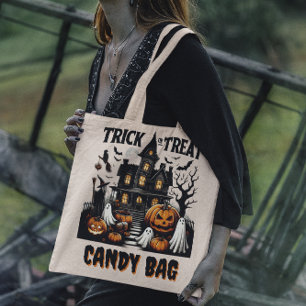 Halloween nacht in een spookhuis met pompoenen tote bag