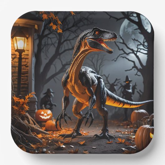 Halloween nacht met een velociraptor papieren bordje (Voorkant)