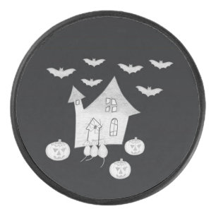 Halloween nacht met spookhuis, vleermuizen, pompoe hockey puck