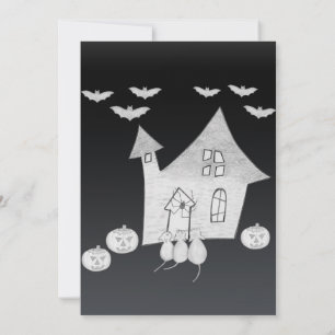 Halloween nacht met spookhuis, vleermuizen, pompoe kaart