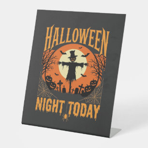 Halloween Nacht Vogelverschrikker Kerkhof Vintage Reclamebord Met Voetstuk