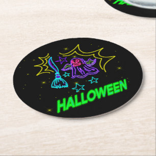 Halloween Neon Kijk Paarse Ghost Broom Party Ronde Kartonnen Onderzetter