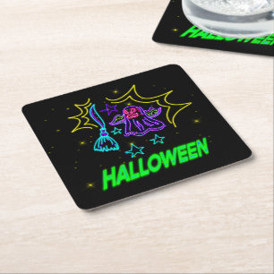 Halloween Neon Kijk Paarse Ghost Broom Party Vierkante Kartonnen Onderzetter