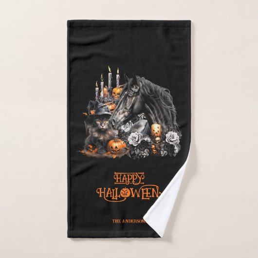 Halloween noir Cheval noir Chat éffrayant (Serviette à main)