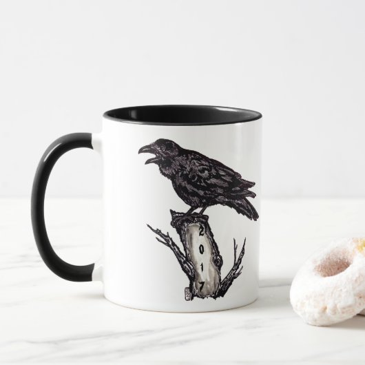 Halloween noir et blanc raven Mug Personnaliser la (Avec donut)