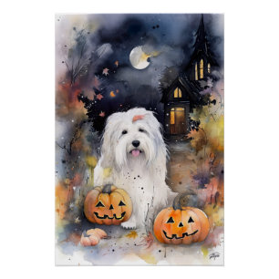 Halloween Old English Sheepdog with Pumpkins Scary Perfect Poster