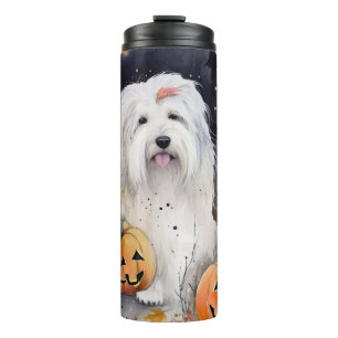 Halloween Old English Sheepdog with Pumpkins Scary Thermosbeker