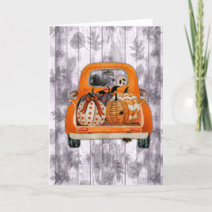 Halloween-oogst oranje pick-uptruck met pompoen feestdagen kaart